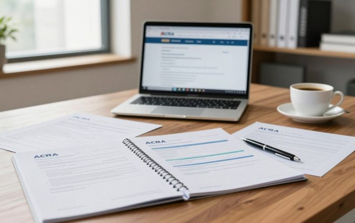 A collection of ACRA company registration documents displayed neatly on a polished wooden desk. In the foreground, focus on an open folder revealing colorful documents, including forms and certificates in a professional format, neatly arranged. To the side, a sleek pen is poised for signing. The middle ground features a soft-focus view of a laptop displaying the ACRA website, alongside a cup of coffee, creating a productive atmosphere. In the background, a well-organized office space with shelves of business books and a potted plant adds to the ambiance. Natural light streams in through a window, illuminating the scene, evoking a mood of professional diligence and clarity, ideal for navigating the registration process as a foreigner in Singapore.
