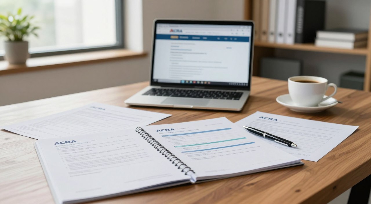 A collection of ACRA company registration documents displayed neatly on a polished wooden desk. In the foreground, focus on an open folder revealing colorful documents, including forms and certificates in a professional format, neatly arranged. To the side, a sleek pen is poised for signing. The middle ground features a soft-focus view of a laptop displaying the ACRA website, alongside a cup of coffee, creating a productive atmosphere. In the background, a well-organized office space with shelves of business books and a potted plant adds to the ambiance. Natural light streams in through a window, illuminating the scene, evoking a mood of professional diligence and clarity, ideal for navigating the registration process as a foreigner in Singapore.