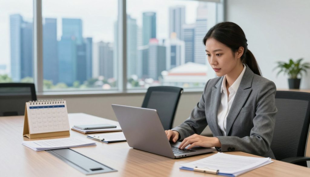 A professional corporate office setting showcasing a company secretary's obligations in Singapore. In the foreground, a well-dressed woman in a tailored business suit is consulting a sleek laptop, surrounded by organized files and paperwork, symbolizing compliance and administration. In the middle ground, a conference table adorned with legal documents, a calendar, and a notepad, highlights the importance of timely filings and board meetings. In the background, large windows reveal a skyline of Singapore, bathed in natural daylight, creating an atmosphere of professionalism and clarity. The overall mood reflects diligence and organization, emphasizing the crucial role a company secretary plays in corporate governance. The image is captured with a soft focus on the background, drawing attention to the subject's engagement with her work. A professional corporate office setting showcasing a company secretary's obligations in Singapore. In the foreground, a well-dressed woman in a tailored business suit is consulting a sleek laptop, surrounded by organized files and paperwork, symbolizing compliance and administration. In the middle ground, a conference table adorned with legal documents, a calendar, and a notepad, highlights the importance of timely filings and board meetings. In the background, large windows reveal a skyline of Singapore, bathed in natural daylight, creating an atmosphere of professionalism and clarity. The overall mood reflects diligence and organization, emphasizing the crucial role a company secretary plays in corporate governance. The image is captured with a soft focus on the background, drawing attention to the subject's engagement with her work.