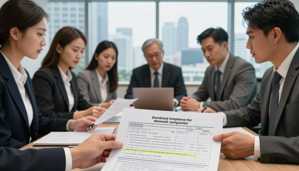A professional office setting depicting a team of business professionals in business attire, gathered around a large conference table. They are intently discussing financial documents and tax forms related to dormant companies. In the foreground, a detailed close-up of an open tax form with highlighted areas, symbolizing compliance. The middle ground features the engaged team, with focused expressions, diverse ethnicities among them, showing a sense of urgency and determination. In the background, a large window reveals a city skyline, under a soft, ambient light that creates a professional atmosphere. The mood is serious yet collaborative, reflecting the importance of tax compliance for dormant companies in Singapore. Use natural light to emphasize the professionalism and clarity of the scene.