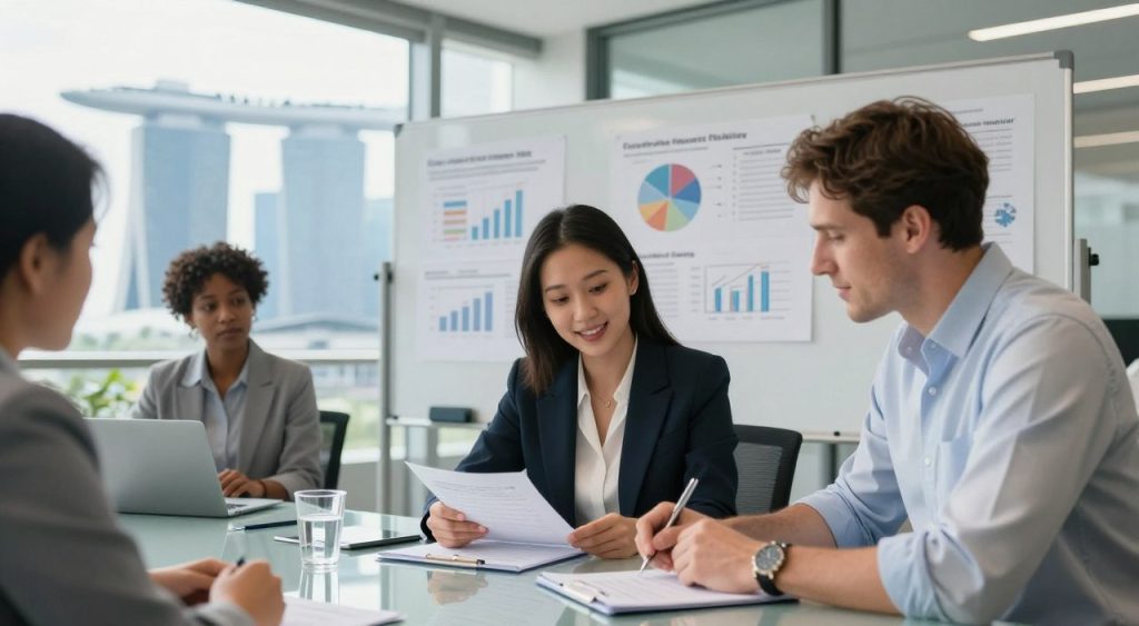 A professional office setting in Singapore, featuring a diverse group of business professionals engaged in a discussion about employment regulations. In the foreground, two individuals, a Southeast Asian woman in a tailored suit and a Caucasian man in a smart casual outfit, are reviewing documents on a sleek glass table. The middle of the scene shows a large modern whiteboard filled with charts and diagrams related to hiring practices and compliance. In the background, the iconic Singapore skyline is visible through large glass windows, with soft natural light illuminating the room, creating a productive and optimistic atmosphere. The overall mood is one of collaboration and professionalism, emphasizing the importance of understanding employment regulations in a global business landscape.