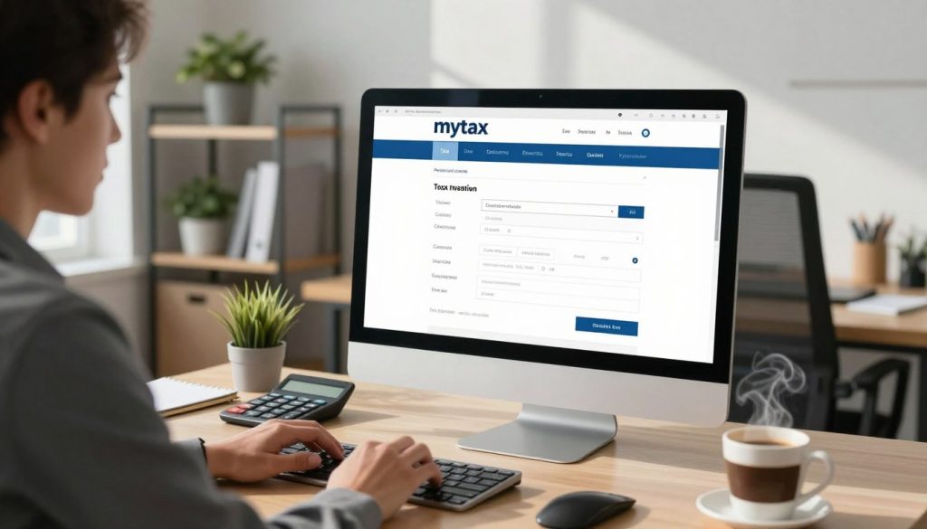 A sleek, modern computer screen displaying the mytax portal on a desk in a contemporary office setting. The foreground features a stylish, professional individual in business attire, focused intently on the screen, demonstrating engagement with the online tax filing process. The middle layer includes various office tools like a calculator, notepad, and a steaming cup of coffee, symbolizing productivity and efficiency. In the background, there are minimalist shelves with potted plants and books, providing a calm, organized atmosphere. Soft, natural lighting filters through a large window, casting gentle shadows that enhance the sense of professionalism. The overall mood is one of clarity, focus, and efficiency in managing taxes online.