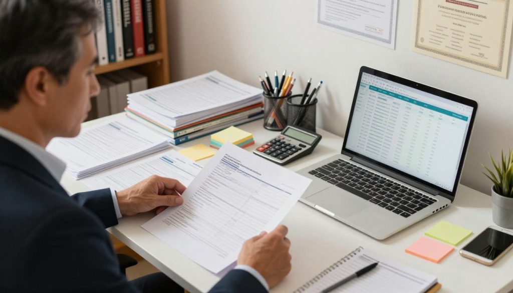 A well-organized office workspace featuring a desk with neatly arranged tax documents, accounting books, and a laptop displaying a spreadsheet. In the foreground, a middle-aged professional in smart business attire reviews papers with a focused expression. The middle layer includes various stationery items like pens, a calculator, and sticky notes. In the background, a bookshelf filled with financial literature and certificates on the wall add to the professional atmosphere. The lighting is soft and warm, creating a sense of productivity and calm, suggesting an early morning work session. The angle is slightly above eye level, allowing for a comprehensive view of the preparation process.