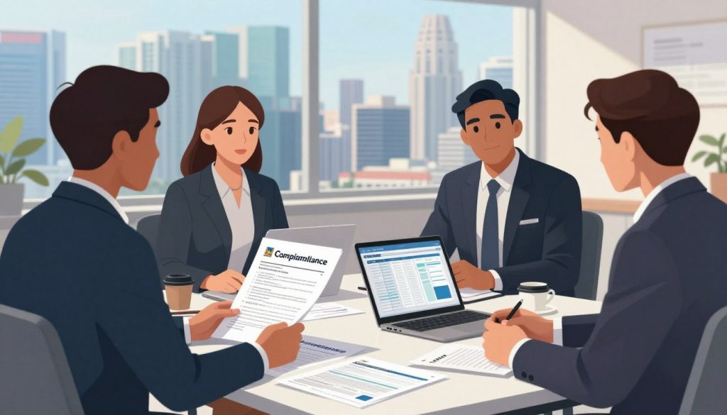 An illustration depicting a modern office environment focused on corporate compliance in Singapore. In the foreground, a diverse group of three business professionals, a man and two women, are engaged in a discussion, all dressed in smart professional attire. The middle layer features a desk cluttered with compliance documents, ACRA guidelines pamphlets, a laptop displaying spreadsheets, and a coffee cup. In the background, a large window reveals a city skyline of Singapore, symbolizing a thriving business environment. The lighting is bright and natural, enhancing a professional atmosphere, with a slight focus on the documents to emphasize the importance of compliance. The overall mood is serious yet collaborative, reflecting the significance of adhering to statutory requirements. An illustration depicting a modern office environment focused on corporate compliance in Singapore. In the foreground, a diverse group of three business professionals, a man and two women, are engaged in a discussion, all dressed in smart professional attire. The middle layer features a desk cluttered with compliance documents, ACRA guidelines pamphlets, a laptop displaying spreadsheets, and a coffee cup. In the background, a large window reveals a city skyline of Singapore, symbolizing a thriving business environment. The lighting is bright and natural, enhancing a professional atmosphere, with a slight focus on the documents to emphasize the importance of compliance. The overall mood is serious yet collaborative, reflecting the significance of adhering to statutory requirements.