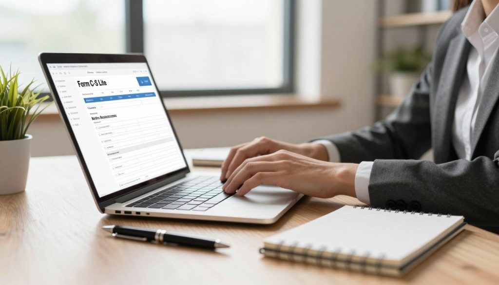 A clean, modern office workspace featuring a neatly arranged desk with a laptop opened to a Form C-S Lite filing template displayed on its screen. The foreground includes a stylish pen and a notepad with bullet points about the filing process. In the middle, a blurred hand of a business professional in a smart casual outfit is seen typing on the laptop, indicating active engagement. The background shows a large window allowing bright, natural light to fill the room, creating an uplifting and focused atmosphere. The color palette is warm and inviting, with touches of greenery from a small potted plant on the desk. The overall mood is productive and efficient, highlighting the accessibility of Form C-S Lite for micro-businesses.