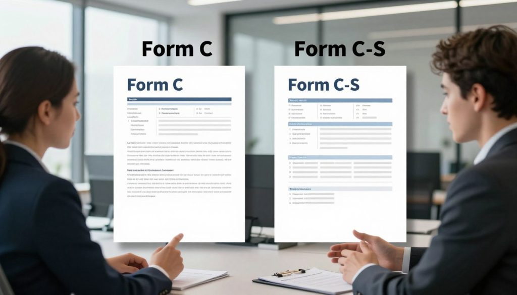 A detailed comparison illustration featuring two distinguishable forms side by side, labeled “Form C” and “Form C-S” in a business context. The foreground shows two professional individuals in smart business attire, deeply engaged in a discussion about the forms, highlighting the contrast in paperwork. In the middle ground, the forms are visually represented as sleek, modern documents with distinct design elements, one labeled clearly as Form C and the other as Form C-S, emphasizing their differences. The background features a sleek, contemporary office setting with large windows allowing natural light to illuminate the scene, creating a productive and informative atmosphere. The image captures a mood of professionalism and clarity, with a focus on collaboration and decision-making.