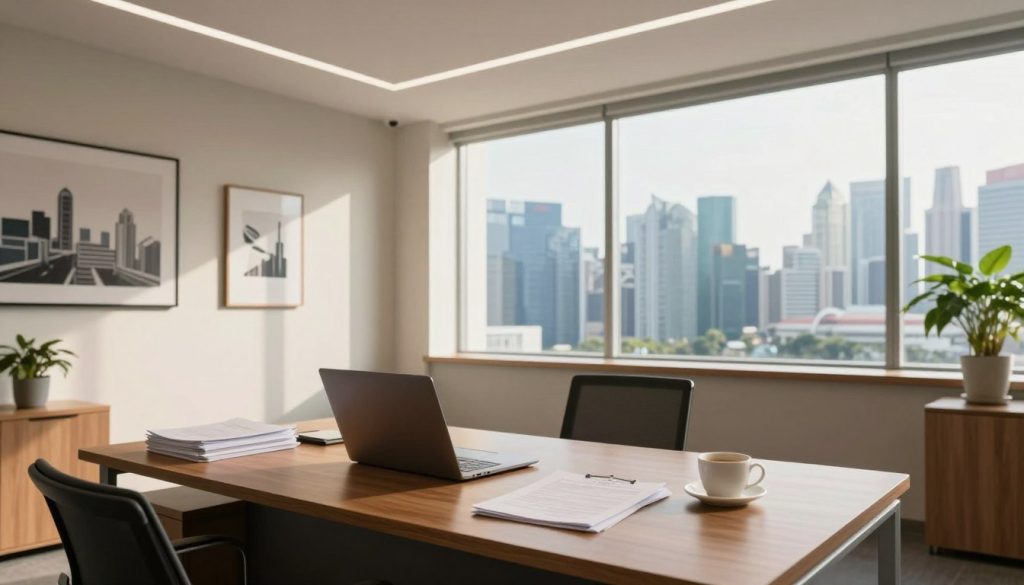 A minimalist office space representing a dormant company in Singapore. In the foreground, a stylish wooden desk with a closed laptop, a few neatly stacked documents, and a coffee cup, all indicating inactivity. The middle section shows a large window with soft, natural light streaming in, casting gentle shadows across the room. On the walls, there are modern business-themed artworks, and a potted plant adds a touch of greenery. In the background, the skyline of Singapore is visible through the window, featuring iconic skyscrapers. The overall mood is calm and serene, portraying the concept of dormancy with a professional atmosphere. Use a wide-angle lens to capture the depth of the office, with warm lighting to create an inviting feel.