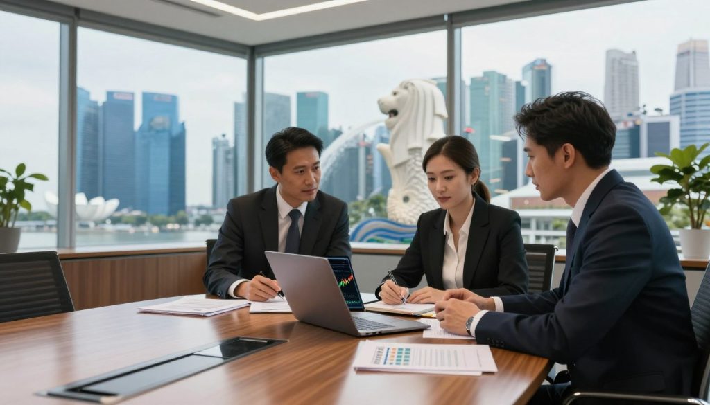 A modern, sleek office in Singapore with a polished wooden conference table in the foreground, adorned with financial documents and a laptop displaying dividend graphs. In the middle, a diverse group of three professional individuals in business attire—two men and one woman—are engaged in a discussion, analyzing the data on the laptop. In the background, large windows reveal a stunning view of Singapore's skyline, featuring iconic landmarks like Marina Bay Sands and the Merlion. The lighting is bright and natural, illuminating the space with a warm ambiance. The atmosphere feels focused and professional, capturing the essence of a financial meeting about Singapore's one-tier corporate tax system. The image is shot from a slight angle to enhance depth and perspective.