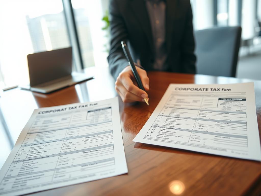 A professional office environment showcasing a detailed comparison of corporate tax forms, specifically focusing on Form C-S for startups in Singapore. In the foreground, two tax forms are placed side by side on a polished wooden desk, each printed with rows of numbers and categories clearly visible. A pair of professional hands in business attire is examining the forms with a pen poised over one of them. In the middle ground, soft-focus office elements like a potted plant and a laptop can be seen, while in the background, light streams through large windows, creating a bright and airy atmosphere. The lighting is natural, emphasizing the clarity of the tax forms, and the angle is slightly above the desk level, providing a comprehensive view for the audience. The mood is serious yet approachable, highlighting the importance of understanding tax forms for startups.