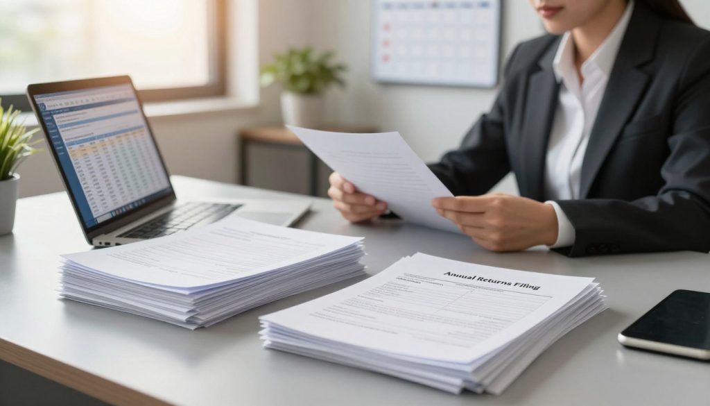 A professional office environment showcasing a sleek, modern desk with a neatly organized stack of documents labeled "Annual Returns Filing." In the foreground, there is a laptop displaying a spreadsheet with financial data, reflecting compliance with ACRA regulations. The middle ground features a business person in professional attire, intently reviewing paperwork, symbolizing diligence and responsibility. Soft, natural lighting from a nearby window casts warm hues, creating an inviting yet focused atmosphere. In the background, a wall-mounted calendar and a potted plant add to the professional tone. The scene conveys a sense of order and compliance, emphasizing the importance of timely filing for dormant companies in Singapore.