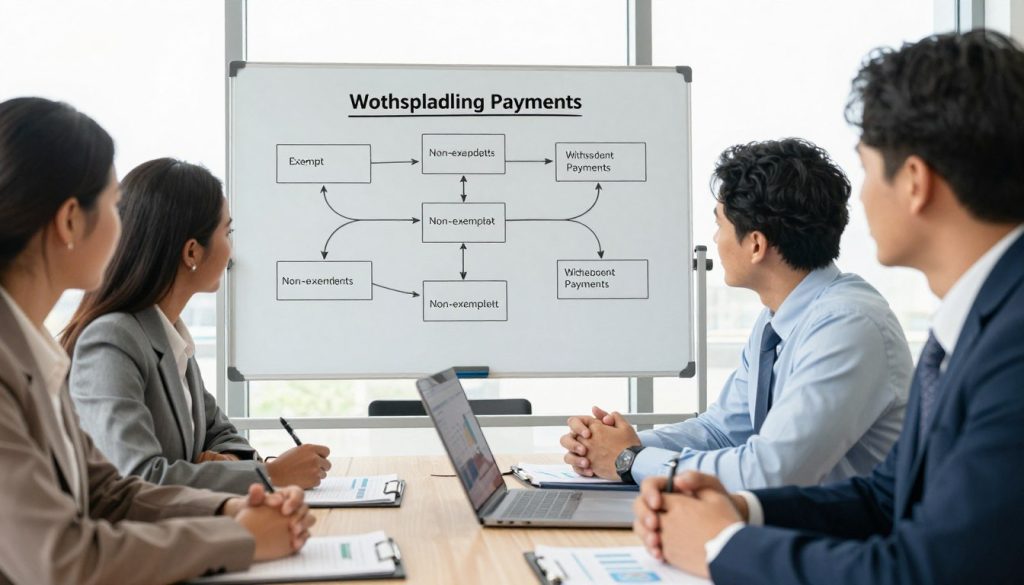 A professional office setting illustrating the concept of identifying payments subject to withholding tax. In the foreground, a diverse group of business professionals, including a Black woman and a Hispanic man, are engaged in a discussion around a conference table covered with financial documents and a laptop displaying charts. In the middle ground, a large whiteboard filled with flowcharts, highlighting the steps to identify exempt and non-exempt payments, can be seen. The background features large windows letting in natural light, enhancing the formal yet encouraging atmosphere. The perspective is slightly elevated, capturing the focus on collaboration and clarity. The lighting is bright and warm, contributing to a sense of professionalism and focus.