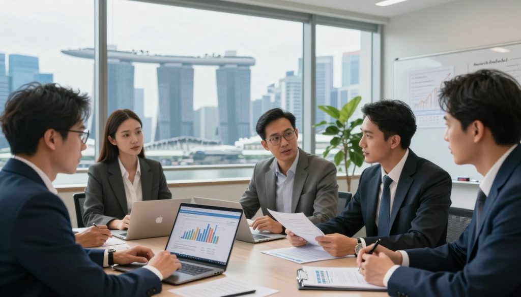 A professional setting depicting the concept of "dividend tax in Singapore." In the foreground, a diverse group of business professionals, dressed in smart business attire, is engaged in a discussion over financial documents and a laptop displaying charts and graphs related to dividends. In the middle ground, a large window offers a view of Singapore's iconic skyline with modern skyscrapers and the Marina Bay Sands. Soft, natural lighting streams in, creating a bright and focused atmosphere. The background features subtle elements like potted plants and a whiteboard with financial notes, enhancing the professional mood. The angle captures an engaging perspective, showcasing collaboration and the importance of understanding dividend taxation in Singapore.
