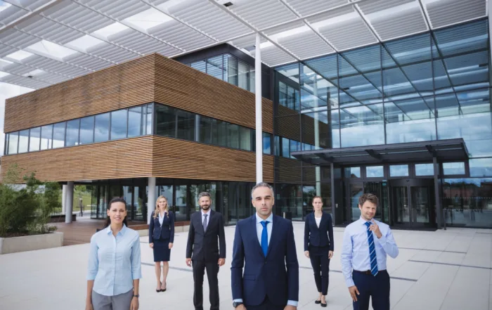 A team of corporate legal and compliance professionals standing confidently outside a modern glass-and-wood commercial office building in Singapore, representing business expansion strategies.