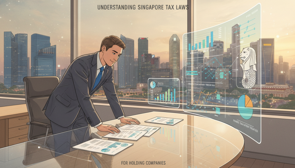 A detailed and visually engaging illustration representing the concept of "Understanding Singapore Tax Laws for Holding Companies." In the foreground, a professional businessperson, dressed in a smart suit, is analyzing colorful charts and documents on a sleek table, emphasizing clarity and focus. The middle ground features a cityscape of Singapore, highlighting iconic landmarks like Marina Bay Sands and the Merlion, seamlessly integrated into an office environment. The background is softly blurred to maintain focus on the business scene while giving a sense of the bustling financial hub. The lighting is bright and modern, with a warm glow reflecting off glass surfaces. The overall atmosphere captures a sense of professionalism and clarity, embodying the complexity yet opportunity of tax laws for holding companies in Singapore.