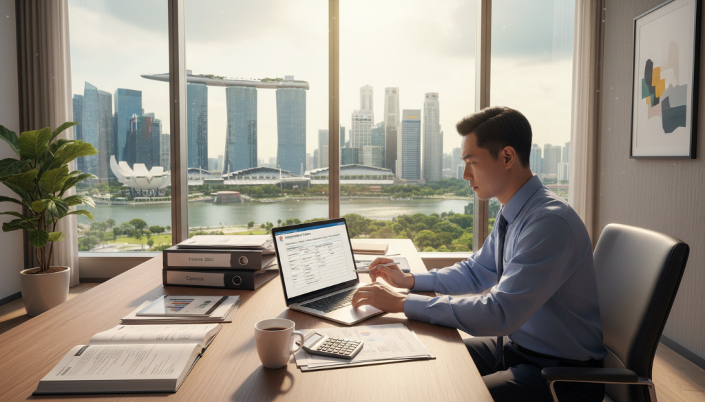 A detailed scene depicting a professional office environment in Singapore, illustrating the concept of GST filing. In the foreground, a business professional dressed in smart attire, focused on a laptop displaying a GST filing form, showcasing a thoughtful expression. In the middle ground, an organized desk with financial documents, calculators, and a coffee cup, symbolizing productivity. In the background, large windows reveal a scenic view of Singapore's skyline, with the iconic Marina Bay Sands and other skyscrapers, illuminated by natural sunlight. The atmosphere is one of diligence and clarity, with bright, warm lighting casting a professional tone. The composition should be balanced and well-organized to reflect the theme of understanding tax obligations.