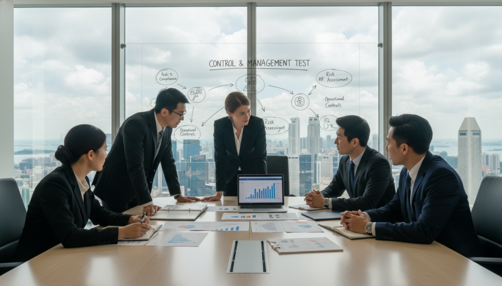 A modern corporate boardroom setting, illustrating the concept of the "Control and Management Test." In the foreground, a diverse group of professionals, wearing smart business attire, engaged in a dynamic discussion around a sleek conference table filled with documents, charts, and a laptop displaying data analytics. The middle ground features a large whiteboard with strategic visuals and symbols representing business governance. The background shows panoramic windows with a view of Singapore's skyline, adding a contemporary urban vibe. Natural light filters through, creating a bright and focused atmosphere. Use a wide angle lens to capture the entire scene, emphasizing collaboration and decision-making within the corporate context. The mood is professional, informative, and engaging, reflecting a commitment to high standards in corporate governance.