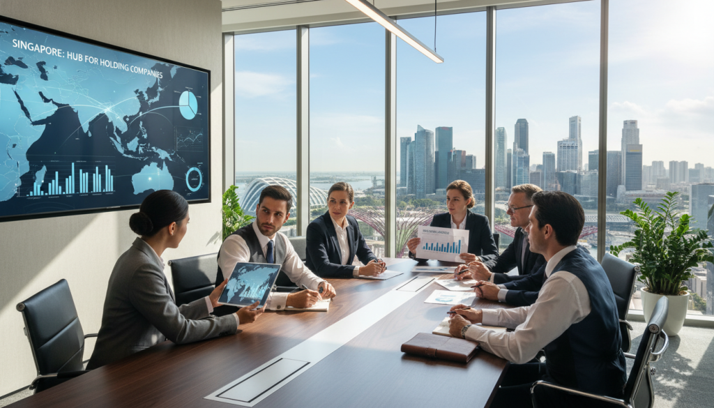 A modern office environment showcasing a professional business team gathered around a sleek conference table, analyzing charts and graphs related to Singapore's strategic advantages as a holding company. In the foreground, two individuals dressed in smart business attire, one presenting data on a tablet and the other taking notes. The middle layer features a large digital screen displaying a map of Southeast Asia with highlighted Singapore connections. The background includes a panoramic view of Singapore’s skyline with iconic skyscrapers under a clear blue sky. The atmosphere is focused and collaborative, with bright, natural lighting filtering through large windows, casting soft shadows to enhance the professional mood.