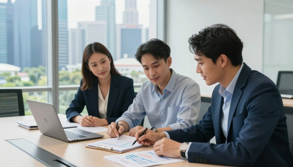 A modern office setting in Singapore showcasing a diverse group of three professionals, two men and one woman, collaborating over an accounting ledger and a laptop on a sleek conference table. The individuals are dressed in professional business attire, with the woman in a smart blazer and the men in button-down shirts and suits. In the background, a large window reveals a beautiful cityscape of Singapore, with iconic skyscrapers and greenery. Soft, natural lighting streams in, creating a bright and optimistic atmosphere. The angle is from slightly above, focusing on their engaged expressions as they discuss figures and spreadsheets. The overall mood reflects focus, professionalism, and the critical importance of accurate bookkeeping for startups. A modern office setting in Singapore showcasing a diverse group of three professionals, two men and one woman, collaborating over an accounting ledger and a laptop on a sleek conference table. The individuals are dressed in professional business attire, with the woman in a smart blazer and the men in button-down shirts and suits. In the background, a large window reveals a beautiful cityscape of Singapore, with iconic skyscrapers and greenery. Soft, natural lighting streams in, creating a bright and optimistic atmosphere. The angle is from slightly above, focusing on their engaged expressions as they discuss figures and spreadsheets. The overall mood reflects focus, professionalism, and the critical importance of accurate bookkeeping for startups.