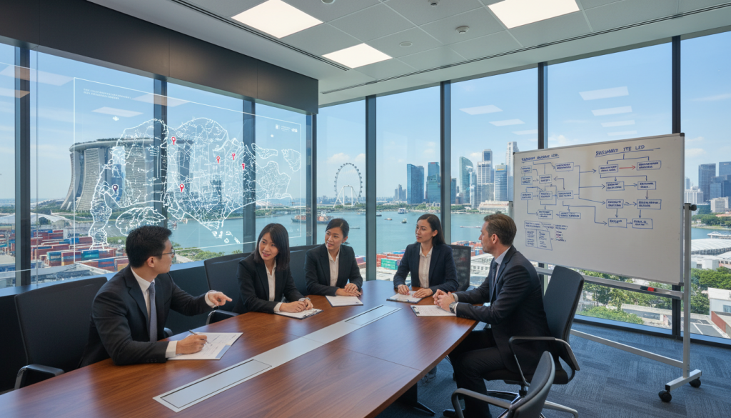 A modern office setting representing corporate structure and foreign company expansion in Singapore. In the foreground, a group of diverse professionals dressed in business attire are engaged in a strategic discussion around a sleek conference table, with a large digital map of Singapore displayed on a screen behind them. In the middle ground, elements such as a whiteboard filled with flowcharts and diagrams about subsidiary and branch office structures can be seen. The background features a panoramic view of the Singapore skyline with iconic buildings like Marina Bay Sands and the Merlion, symbolizing economic growth. The lighting is bright and focused, creating a dynamic atmosphere, with a slightly elevated angle giving a comprehensive view of this collaborative environment, evoking a sense of innovation and opportunity. A modern office setting representing corporate structure and foreign company expansion in Singapore. In the foreground, a group of diverse professionals dressed in business attire are engaged in a strategic discussion around a sleek conference table, with a large digital map of Singapore displayed on a screen behind them. In the middle ground, elements such as a whiteboard filled with flowcharts and diagrams about subsidiary and branch office structures can be seen. The background features a panoramic view of the Singapore skyline with iconic buildings like Marina Bay Sands and the Merlion, symbolizing economic growth. The lighting is bright and focused, creating a dynamic atmosphere, with a slightly elevated angle giving a comprehensive view of this collaborative environment, evoking a sense of innovation and opportunity.