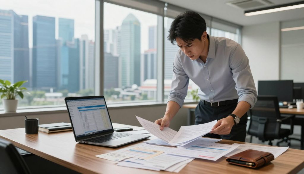 A modern office space in Singapore, featuring a stylish wooden desk cluttered with personal and business finance documents. In the foreground, a laptop is open with accounting software visible on the screen, surrounded by receipts and a personal wallet. A neatly dressed professional in business attire (a shirt and slacks) stands beside the desk, appearing puzzled as they sort through the paperwork, representing the struggle of mixing personal and business finances. In the middle background, a large window reveals a skyline of Singapore’s skyscrapers, letting in soft, natural sunlight that creates an inviting atmosphere. The overall mood is focused and slightly overwhelming, symbolizing the chaos that can arise from this common bookkeeping mistake. Depth of field emphasizes the desk while slightly blurring the background to draw attention to the main subjects. A modern office space in Singapore, featuring a stylish wooden desk cluttered with personal and business finance documents. In the foreground, a laptop is open with accounting software visible on the screen, surrounded by receipts and a personal wallet. A neatly dressed professional in business attire (a shirt and slacks) stands beside the desk, appearing puzzled as they sort through the paperwork, representing the struggle of mixing personal and business finances. In the middle background, a large window reveals a skyline of Singapore’s skyscrapers, letting in soft, natural sunlight that creates an inviting atmosphere. The overall mood is focused and slightly overwhelming, symbolizing the chaos that can arise from this common bookkeeping mistake. Depth of field emphasizes the desk while slightly blurring the background to draw attention to the main subjects.