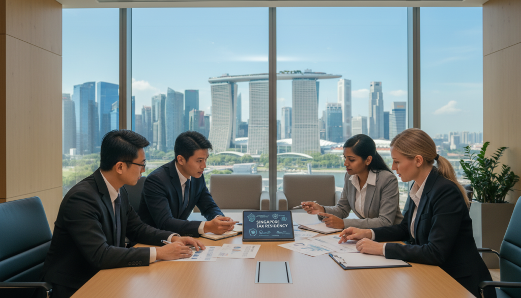 A professional business setting depicting the concept of "Singapore corporate tax residency." In the foreground, a diverse group of business professionals in formal attire—two Asian men, an Indian woman, and a Caucasian woman—strategically discussing documents and a tablet on a sleek conference table. In the middle ground, a large window showcases the modern Singapore skyline with iconic skyscrapers and the Marina Bay Sands. The background is softly blurred to emphasize the individuals while maintaining clarity on their engaged expressions. The atmosphere is bright and focused, illuminated by natural light with a warm, inviting ambience. Use a wide-angle lens to capture the depth of the room, creating a sense of collaboration and professionalism.