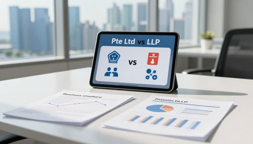 A professional comparison matrix highlighting "Pte Ltd vs LLP" in Singapore. In the foreground, a sleek, modern office desk with neatly arranged documents representing both business structures, such as charts and graphs. In the middle ground, a digital tablet displaying a side-by-side comparison with icons symbolizing limited liability and partnerships. In the background, large windows reveal a cityscape of Singapore’s skyline, emphasizing a bright, sunny day. The scene is well-lit, showcasing clarity and professionalism, with natural light casting soft shadows. The mood is analytical yet approachable, perfect for illustrating a business decision-making process, with a focus on clarity and organization. No text or other distractions are present. A professional comparison matrix highlighting "Pte Ltd vs LLP" in Singapore. In the foreground, a sleek, modern office desk with neatly arranged documents representing both business structures, such as charts and graphs. In the middle ground, a digital tablet displaying a side-by-side comparison with icons symbolizing limited liability and partnerships. In the background, large windows reveal a cityscape of Singapore’s skyline, emphasizing a bright, sunny day. The scene is well-lit, showcasing clarity and professionalism, with natural light casting soft shadows. The mood is analytical yet approachable, perfect for illustrating a business decision-making process, with a focus on clarity and organization. No text or other distractions are present.