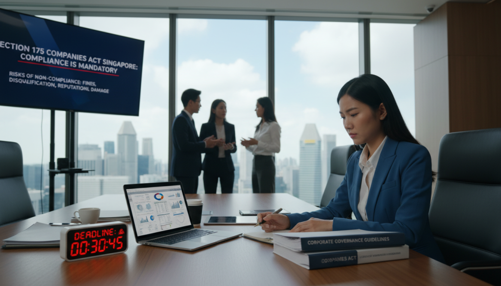 A professional conference room setting highlighting the importance of corporate governance under Section 175 of the Companies Act in Singapore. In the foreground, a well-dressed Asian businesswoman, seated at a sleek wooden table, is intently studying legal documents and a laptop, symbolizing diligence and responsibility. In the middle ground, blurred silhouettes of diverse professionals engaged in discussion, representing collaboration and decision-making. In the background, a large window showcases the Singapore skyline, with buildings symbolizing growth and opportunity. Soft, natural lighting fills the room, creating an atmosphere of focus and professionalism. The image conveys a sense of urgency and seriousness around legal mandates, emphasizing the hidden risks of missing deadlines.