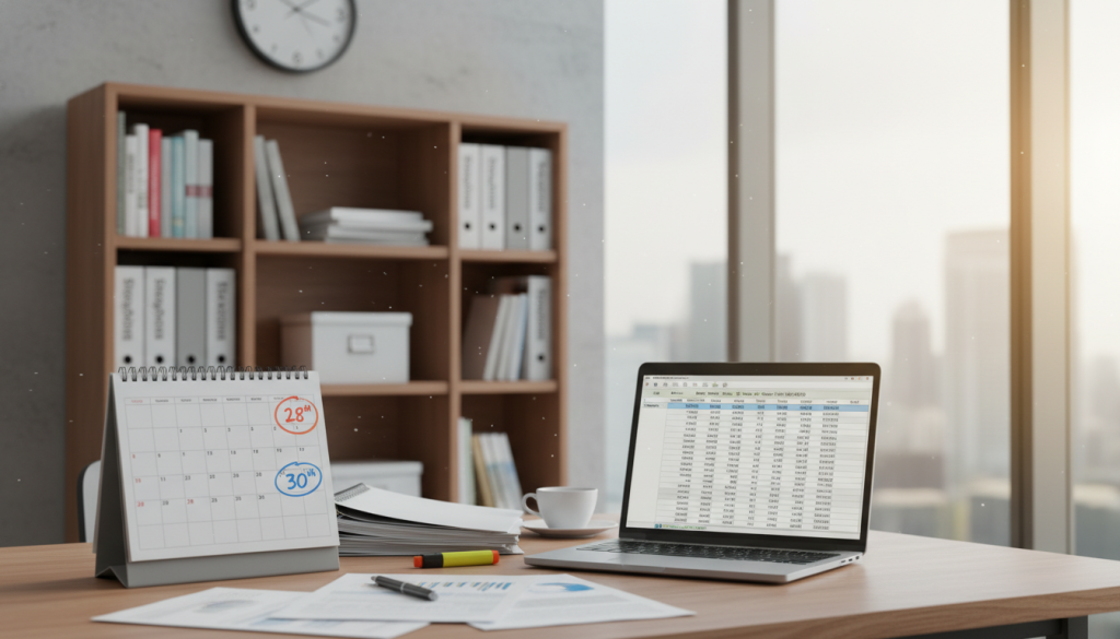 A professional office setting depicting a well-organized workspace focused on GST filing deadlines in Singapore. In the foreground, there is a modern desk with a neatly arranged calendar marked with important GST filing dates, highlighted in bright colors. Beside the calendar, a laptop is open displaying a spreadsheet with financial data. In the middle ground, a supportive bookshelf filled with business books and paperwork is visible, while a clock on the wall shows 5:00 PM, reinforcing the urgency of filing deadlines. The background features a large window letting in warm sunlight, creating an inviting atmosphere. The mood is focused and diligent, ideal for emphasizing the importance of timely GST submission. All elements are rendered with a realistic lens effect, capturing depth and clarity.