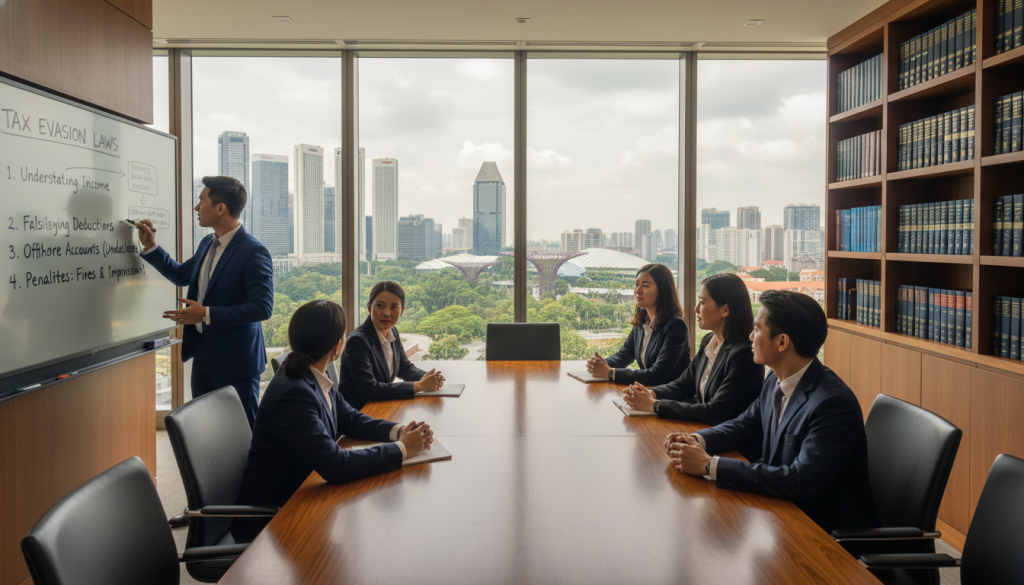 A professional office setting in Singapore depicting an elegant conference room. In the foreground, a sleek wooden table is surrounded by well-dressed individuals engaged in discussion, all in professional attire. One person stands at a whiteboard illustrating tax evasion laws with clear diagrams and bullet points. In the middle ground, a large window reveals the iconic Singapore skyline, filled with modern skyscrapers and lush greenery. The background features a bookshelf filled with legal books about taxation and compliance. The lighting is bright and natural, emphasizing the professionalism of the environment. The atmosphere is serious yet collaborative, highlighting the importance of understanding tax laws in a global financial hub.