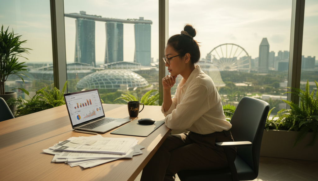 A professional remote founder in a modern Singaporean office, displaying focus and determination while reviewing tax documents on a laptop. In the foreground, highlight a sleek desk with a laptop open to a financial dashboard, surrounded by tax forms and a cup of coffee. The middle ground features the founder dressed in smart casual business attire, engaged in thought with a thoughtful expression. In the background, large windows showcase Singapore's iconic skyline with the Marina Bay Sands and lush greenery, flooded with natural light to create an optimistic and empowering atmosphere. The overall mood is one of productivity and clarity, with soft, warm lighting casting gentle shadows, evoking a sense of professional ambition in a thriving city.
