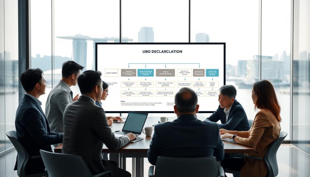A professional setting illustrating "UBO compliance in Singapore." In the foreground, a diverse group of business professionals in smart attire are gathered around a conference table, engaged in a discussion about UBO regulations, with documents and laptops open. In the middle, a large digital screen displays a detailed flowchart illustrating the UBO declaration process, featuring various compliance checkpoints. In the background, a sleek office environment with glass walls showcases the iconic skyline of Singapore, including the Marina Bay Sands and the Merlion. Soft, natural lighting streams through the windows, creating a bright and optimistic atmosphere. The angle captures the team in action, emphasizing collaboration and focus on compliance standards.