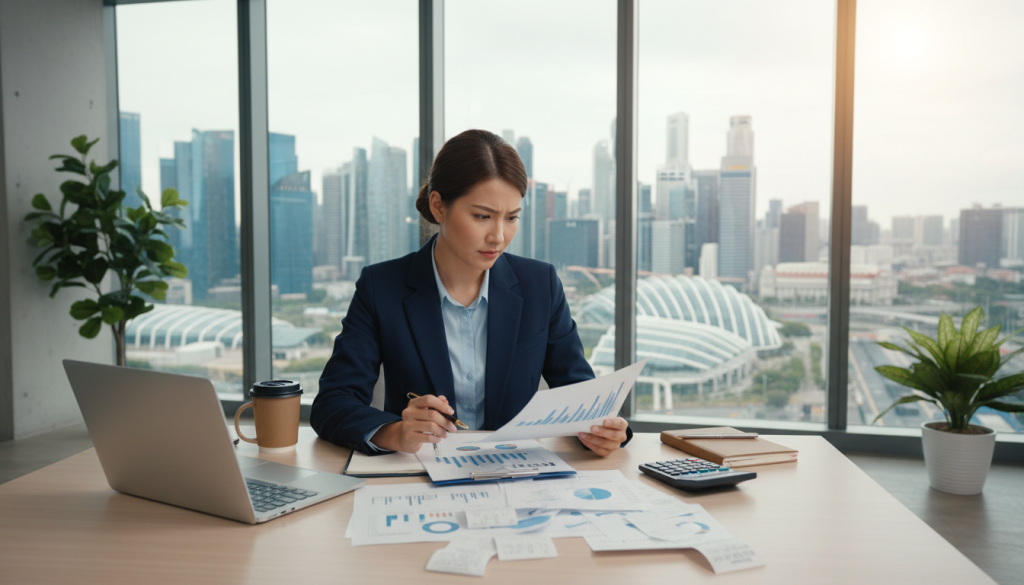 A professional workspace scene in Singapore showcasing essential business tax deductions. In the foreground, an organized desk with a laptop displaying financial charts, receipts, and a calculator. In the middle, a confident Asian female entrepreneur in business attire is reviewing documents, actively engaged in planning her deductions. The background features a panoramic view of the Singapore skyline through large windows, bathed in soft natural light, representing a bright and optimistic atmosphere. Use a wide-angle lens to capture the work environment, emphasizing clarity and professionalism, with a focus on the character's expression of determination and focus. Ensure the overall mood conveys productivity and financial clarity, suitable for a business setting.