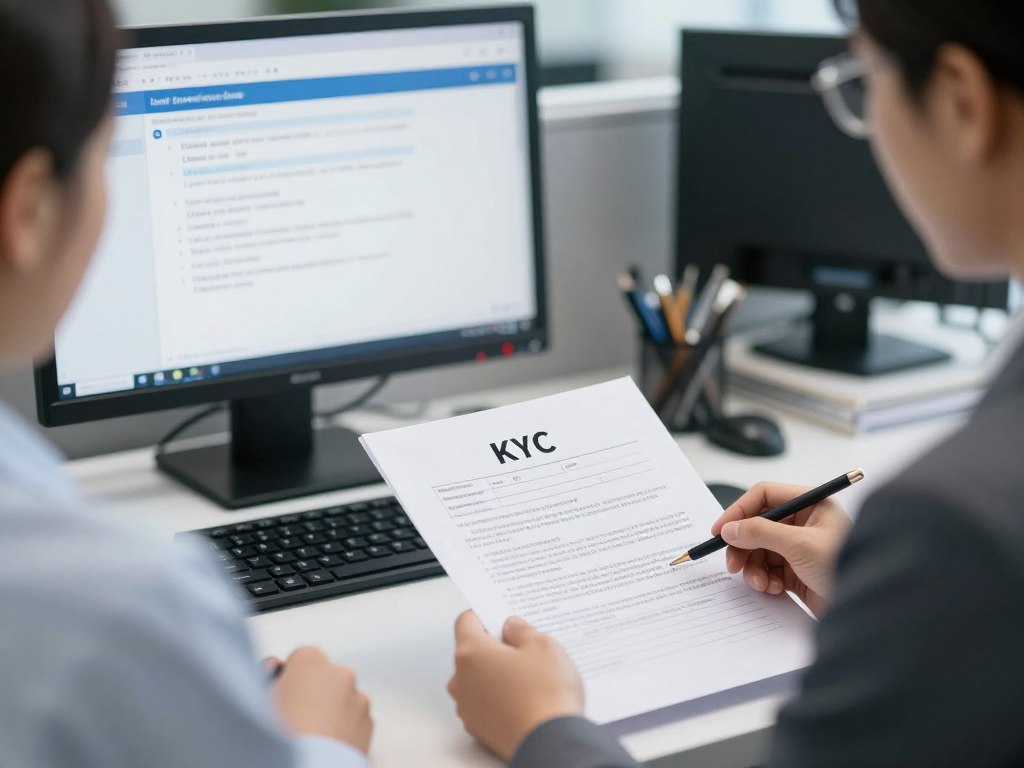Bank compliance officer reviewing KYC documents and address verification
