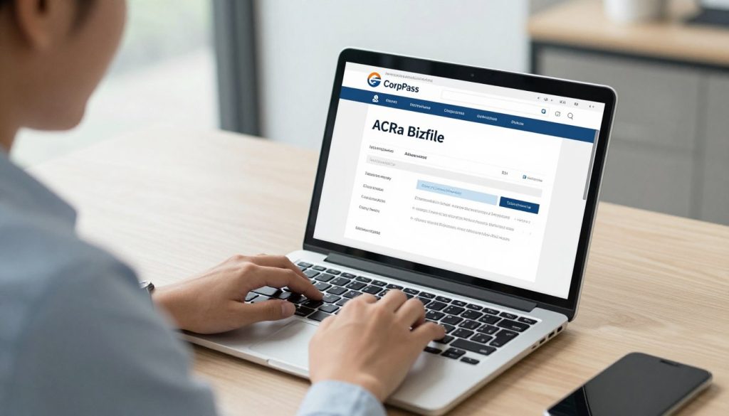 Business professional completing online change address process through Bizfile using SingPass