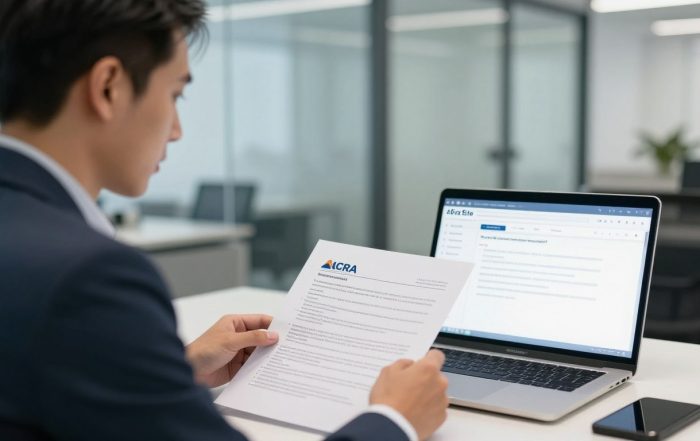 Professional business owner reviewing change registered address Singapore documentation at modern office desk