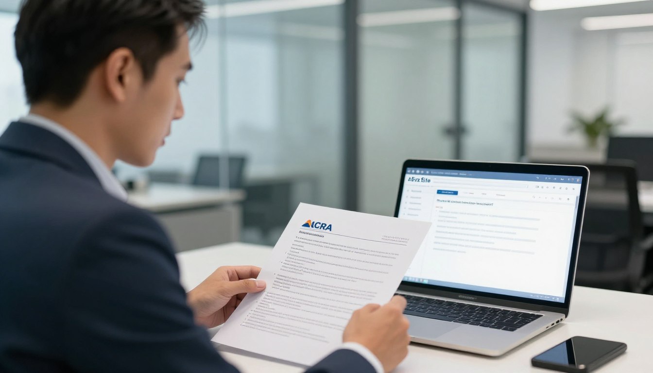 Professional business owner reviewing change registered address Singapore documentation at modern office desk