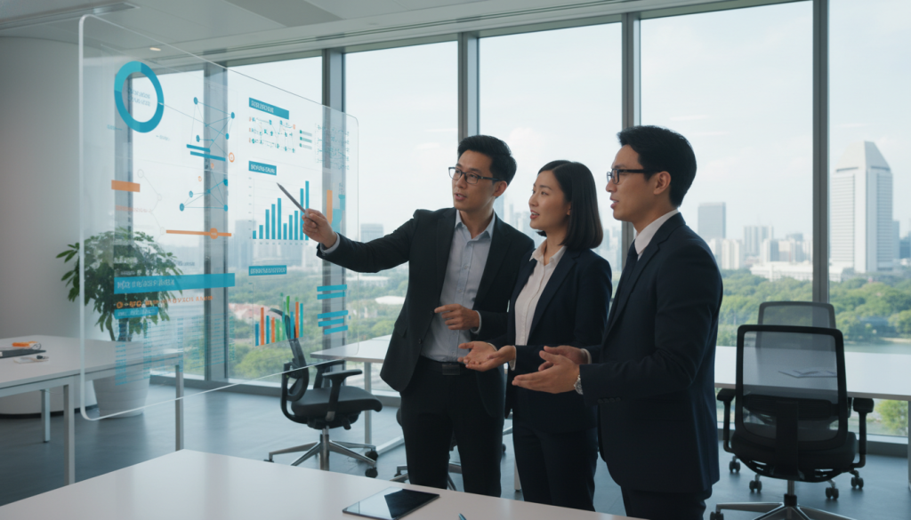 Business professionals comparing different company structures on digital screen