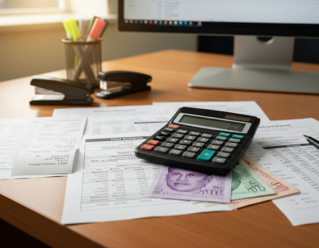 Calculator and financial documents showing business costs