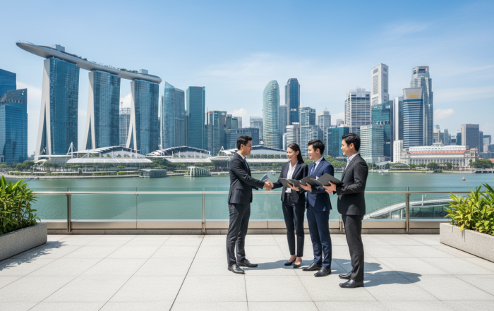 Modern Singapore business district with professionals discussing company registration