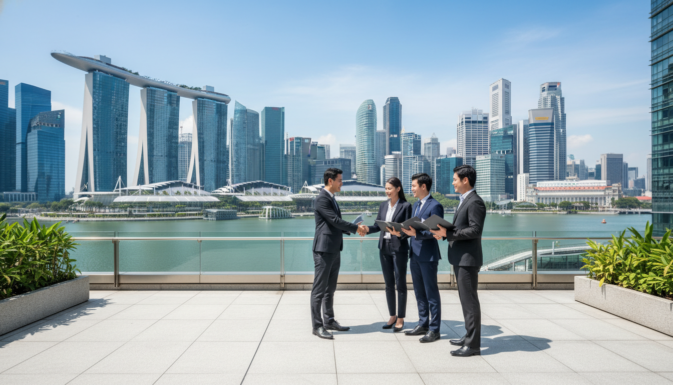 Modern Singapore business district with professionals discussing company registration