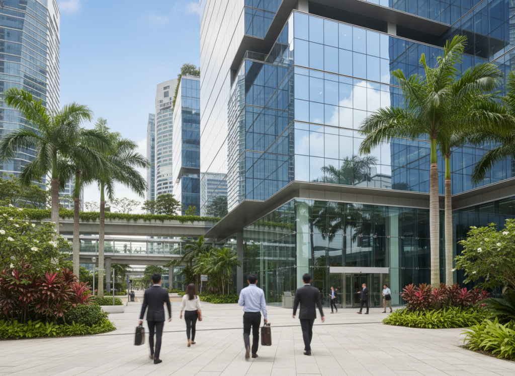 Singapore government building ACRA office with business professionals entering