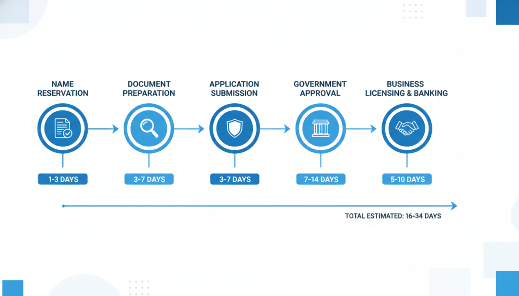Timeline infographic showing company registration steps and duration